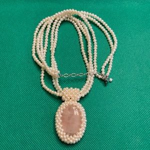 Sterling Silver 925 Rose Quartz Pearl Three Strand Pendant Necklace Chain Choker